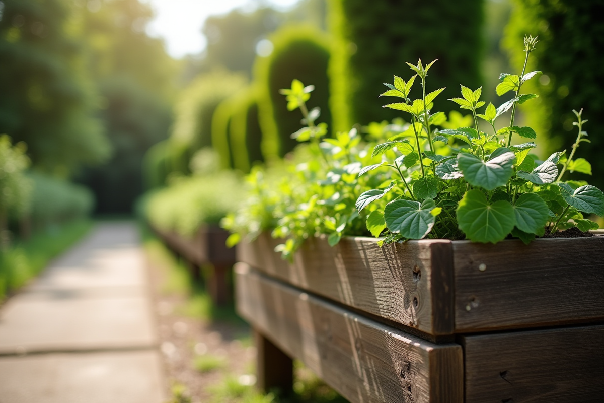 Jardiniere en bois rustique avec plantes vertes sur chemin de jardin