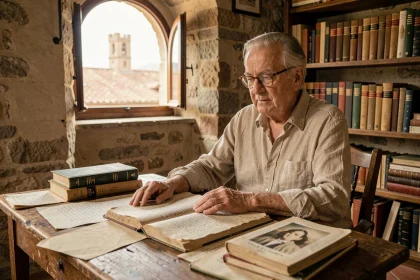 Un homme âgé lisant de la poésie italienne ancienne dans une étude en pierre toscane avec des manuscrits et la Divine Comédie de Dante