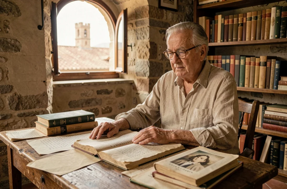 Un homme âgé lisant de la poésie italienne ancienne dans une étude en pierre toscane avec des manuscrits et la Divine Comédie de Dante