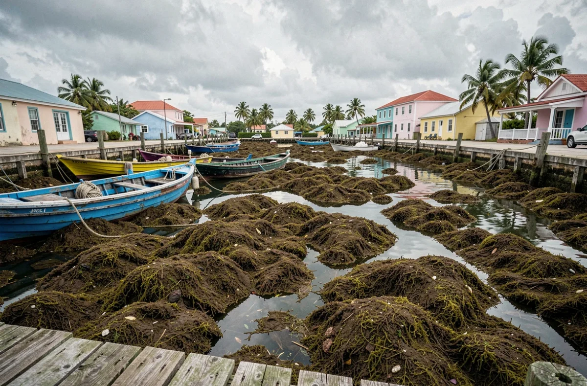 Vue panoramique d'un port de pêche en Guadeloupe envahi par les algues sargasses avec des bateaux immobilisés, illustrant l'ampleur de la crise pour les professionnels locaux
