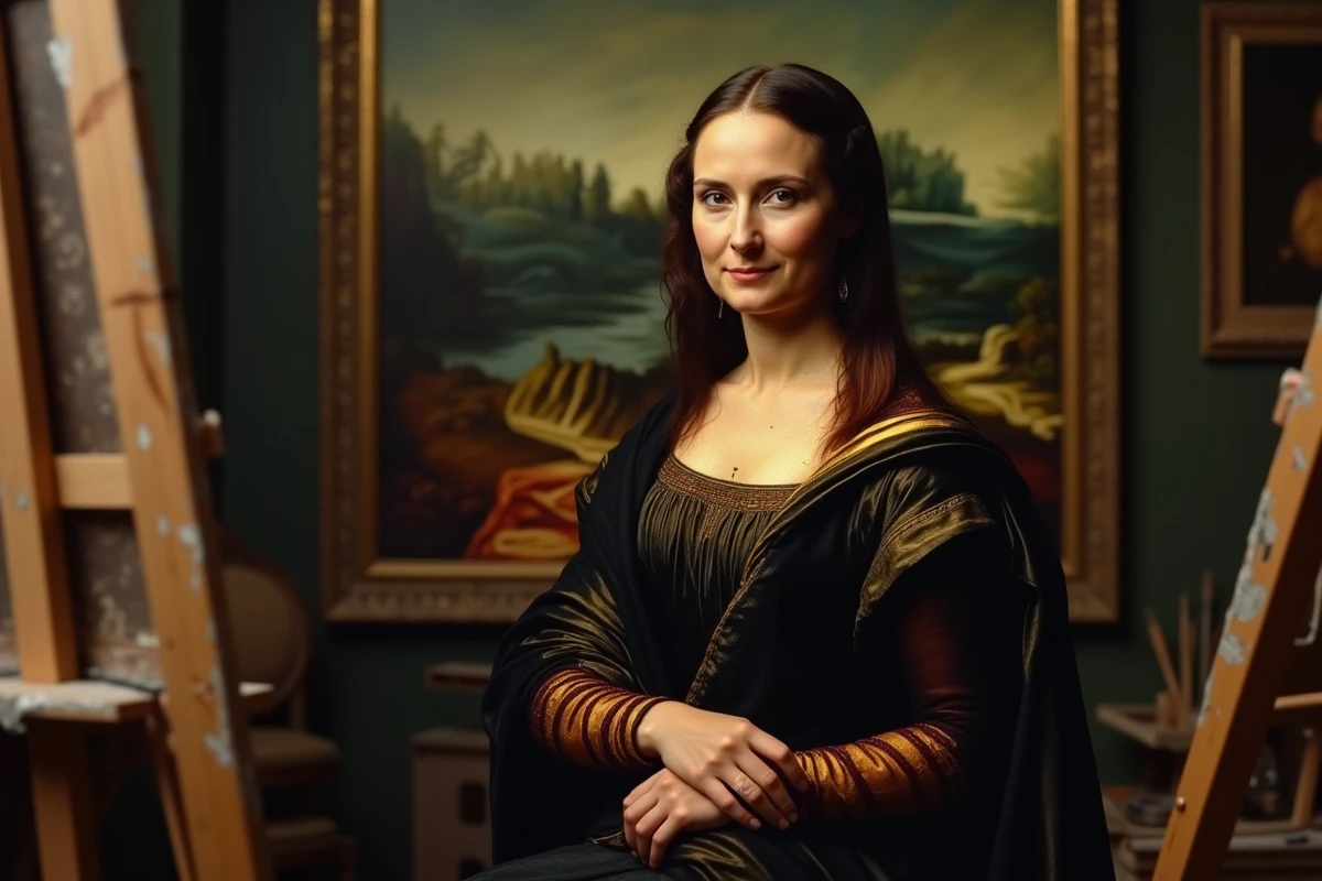 Femme à la Mona Lisa dans un studio d'art classique