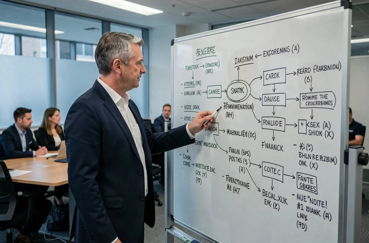 Homme expliquant des termes techniques MDAN sur un tableau blanc lors d'une réunion de rédaction en entreprise