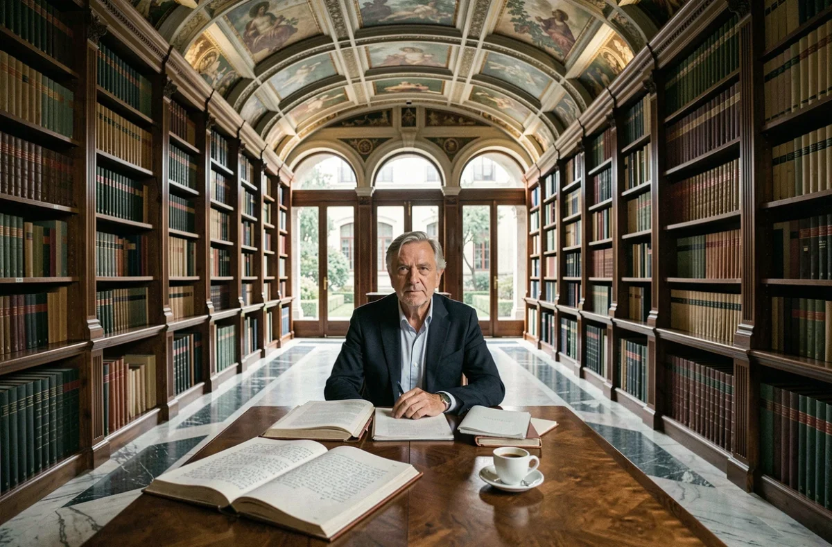 Un professeur de littérature italienne étudiant des anthologies de poésie dans une grande bibliothèque classique de Milan