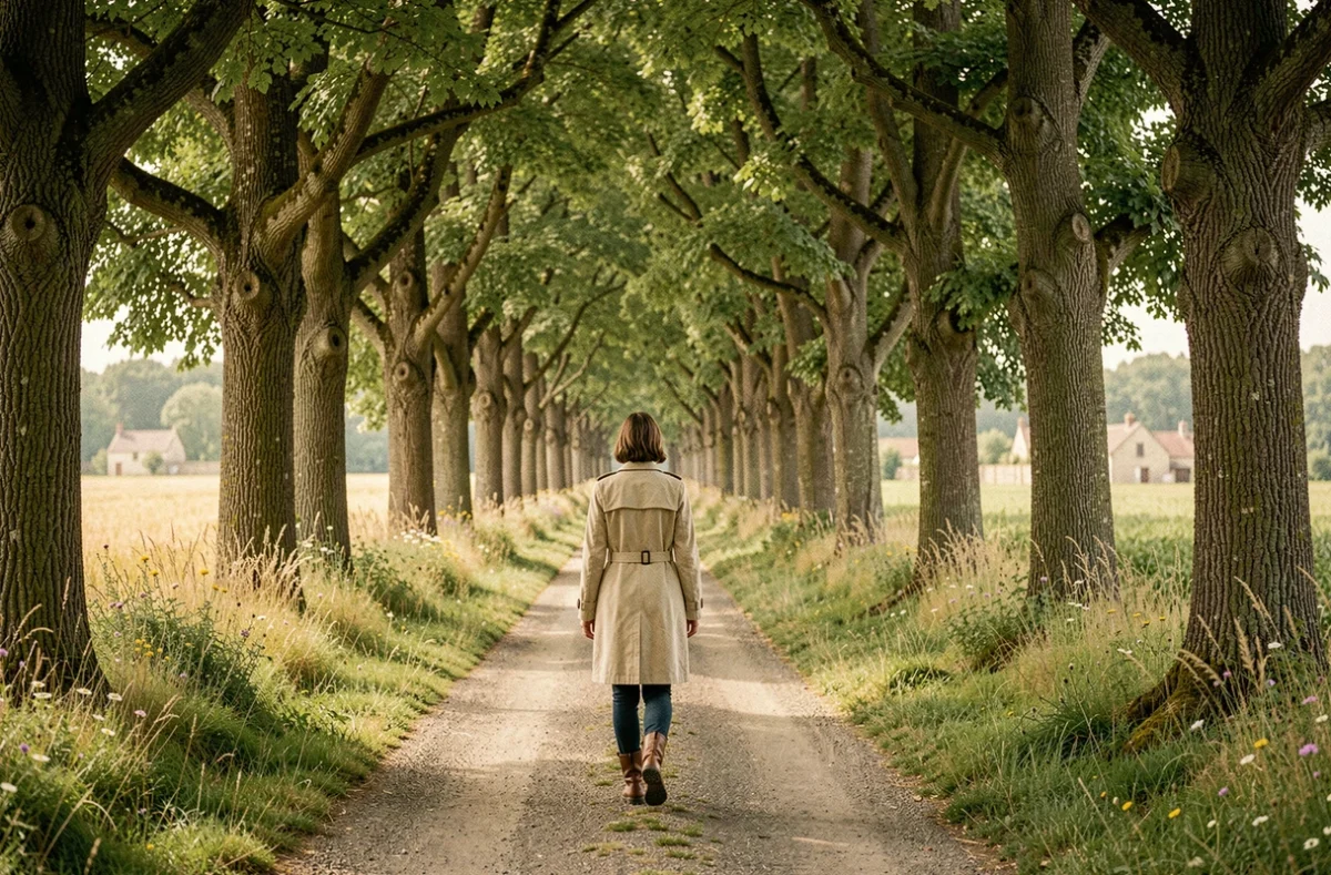Femme se promenant sur un chemin de campagne ombragé dans les paysages ruraux autour de Monlezun-d'Armagnac dans le Gers