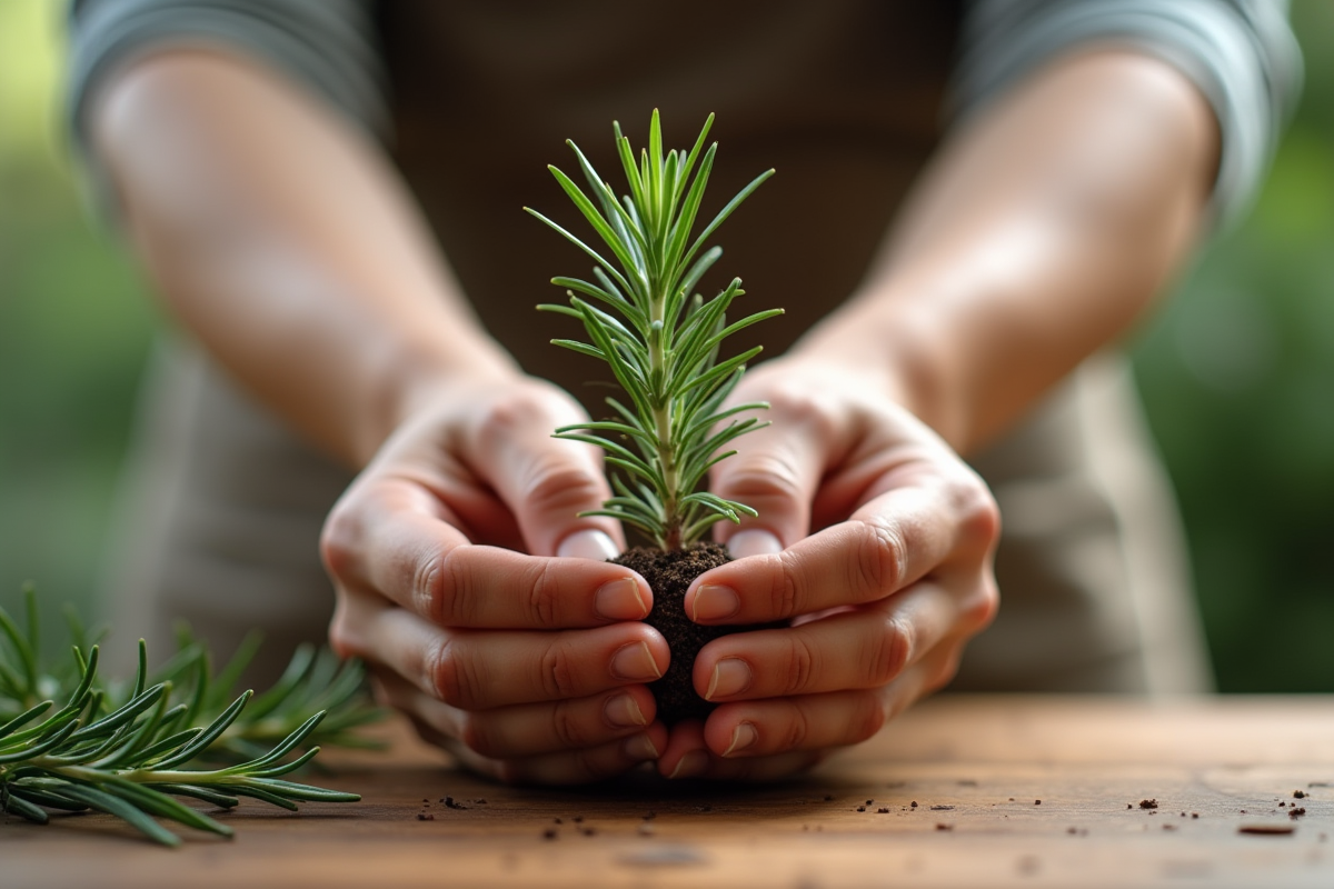Mains tenant un rameau de romarin sain pour propagation