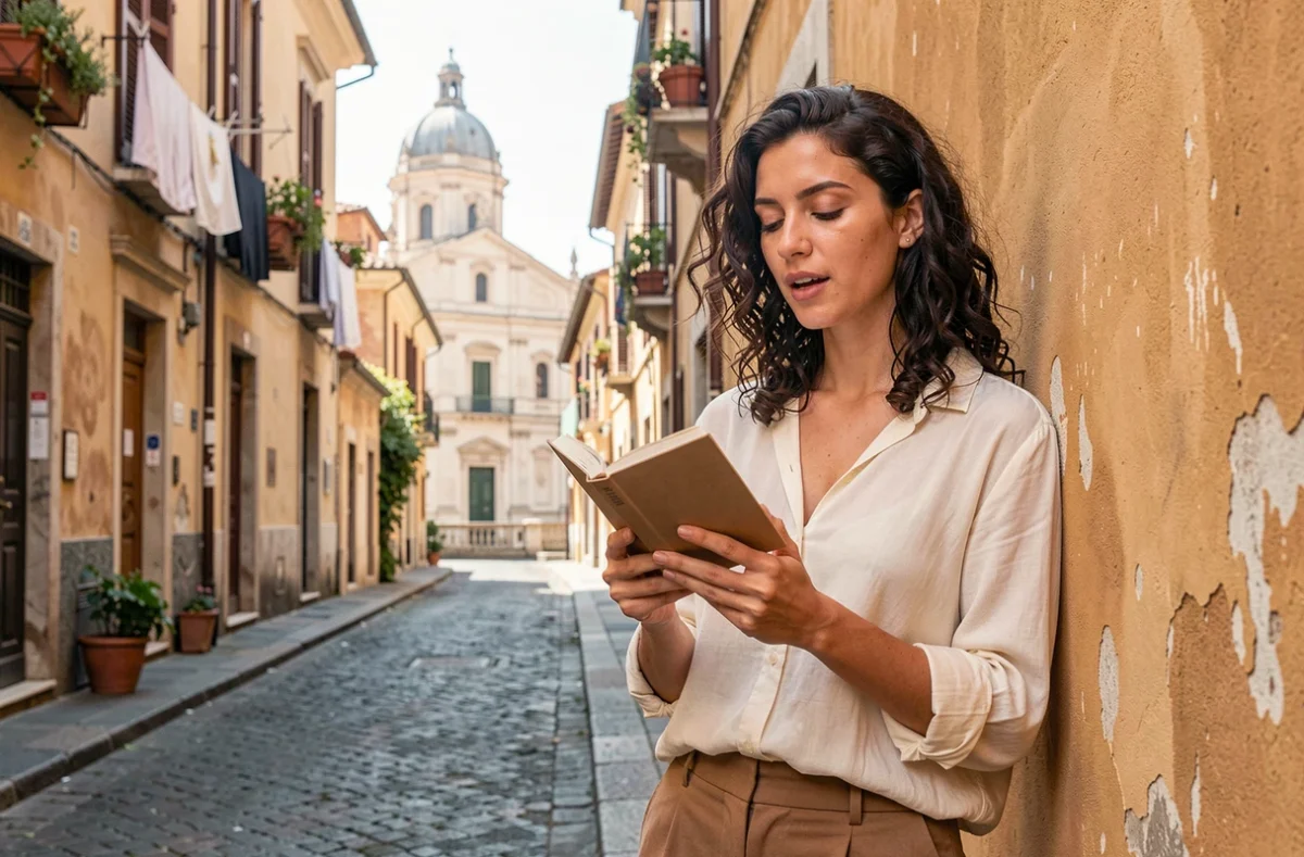 Une jeune femme italienne récitant de la poésie dans une ruelle historique de Rome avec des façades ocres et des pavés