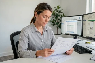 Femme professionnelle annotant un rapport technique dans un bureau moderne, illustrant la rédaction sans ambiguïté de documents MDAN