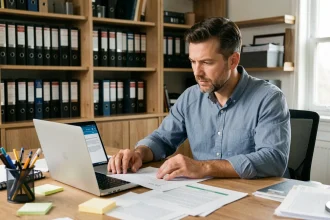 Homme consultant des documents réglementaires sur un site de jeux en ligne comme Gadrov depuis son bureau à domicile
