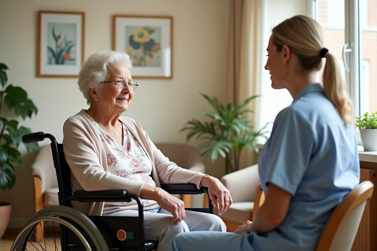 Résidente âgée en EHPAD échangeant avec une soignante dans un cadre de qualité d'accompagnement bienveillant
