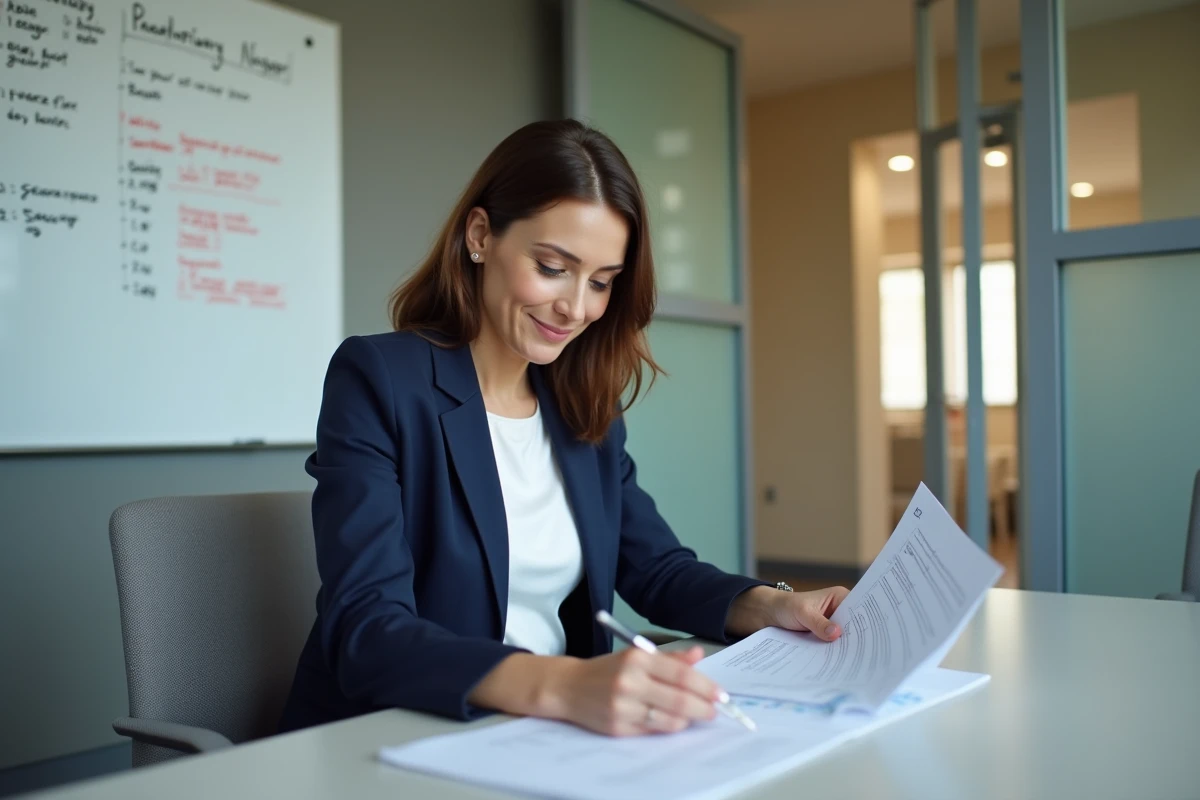 Responsable qualité en ESSMS analysant des documents d'évaluation dans une salle de réunion moderne