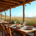 Restaurant rustique de fruits de mer à Comporta avec tables en bois