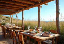 Restaurant rustique de fruits de mer à Comporta avec tables en bois