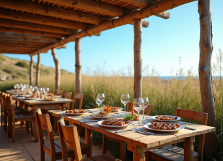 Restaurant rustique de fruits de mer à Comporta avec tables en bois