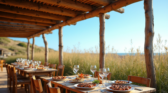 Restaurant rustique de fruits de mer à Comporta avec tables en bois
