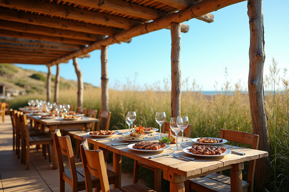Restaurant rustique de fruits de mer à Comporta avec tables en bois