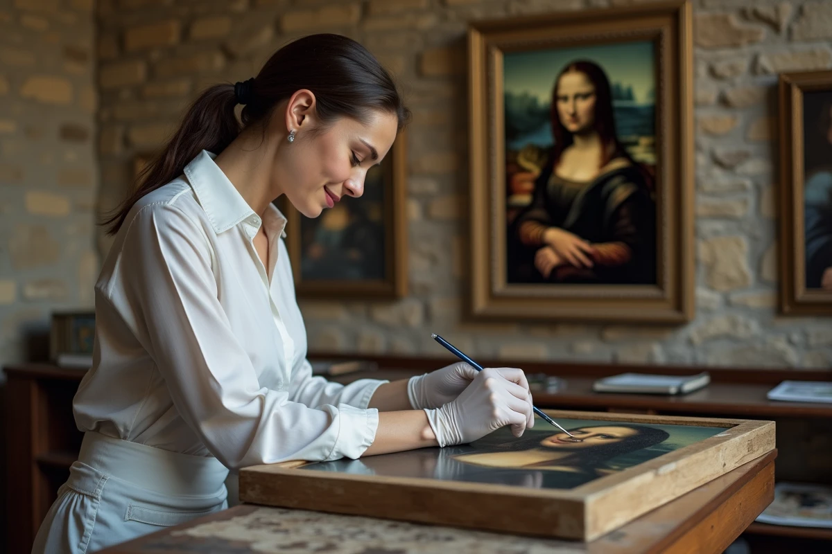 Jeune conservatrice restaurant une reproduction de Mona Lisa