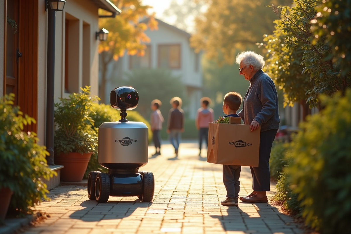 Une femme âgée regarde un robot de livraison dans un quartier calme