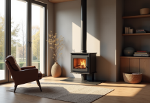 Chauffage d’appoint : comment bien intégrer un insert à granulés chez soi Salon moderne avec insert pellet et grande fenetre