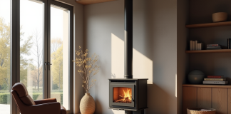 Chauffage d’appoint : comment bien intégrer un insert à granulés chez soi Salon moderne avec insert pellet et grande fenetre