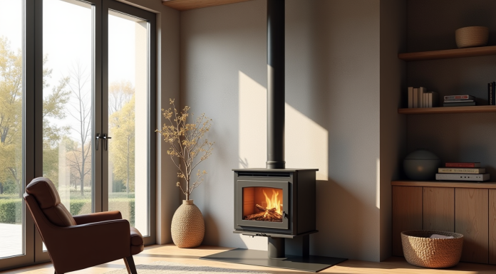 Chauffage d’appoint : comment bien intégrer un insert à granulés chez soi Salon moderne avec insert pellet et grande fenetre