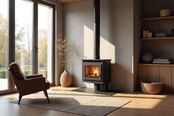 sejour-pellet-insert-contemporain Salon moderne avec insert pellet et grande fenetre