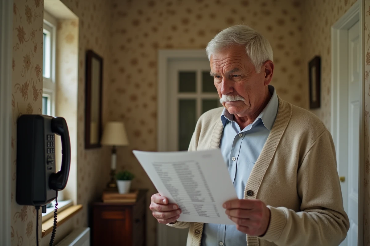 Homme senior vérifiant une liste de numéros bloqués pour éviter le démarchage téléphonique à domicile