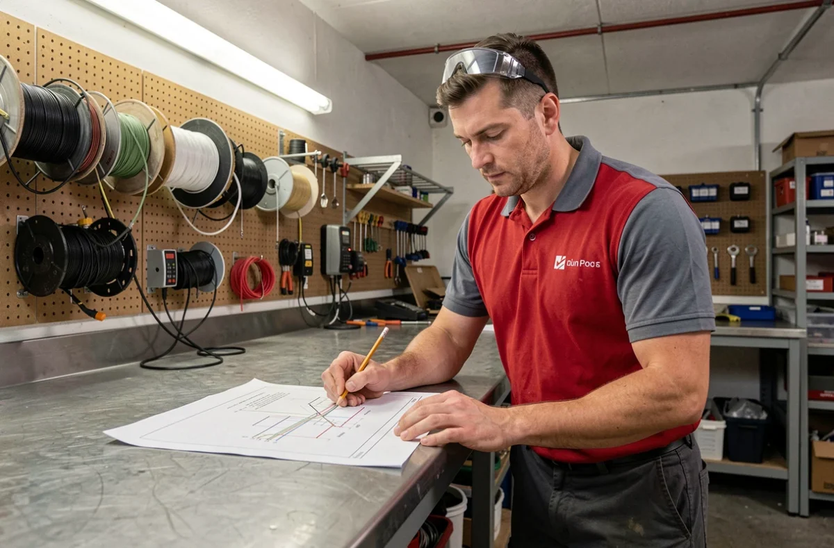 Technicien de SN Élec étudiant un schéma de câblage dans un atelier électrique professionnel dans le Calvados