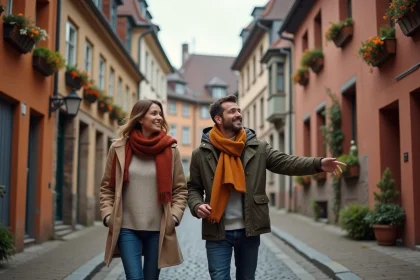Couple en promenade dans les ruelles pavées de Colmar en Alsace, découvrant l'architecture à colombages lors d'une sortie de dernière minute