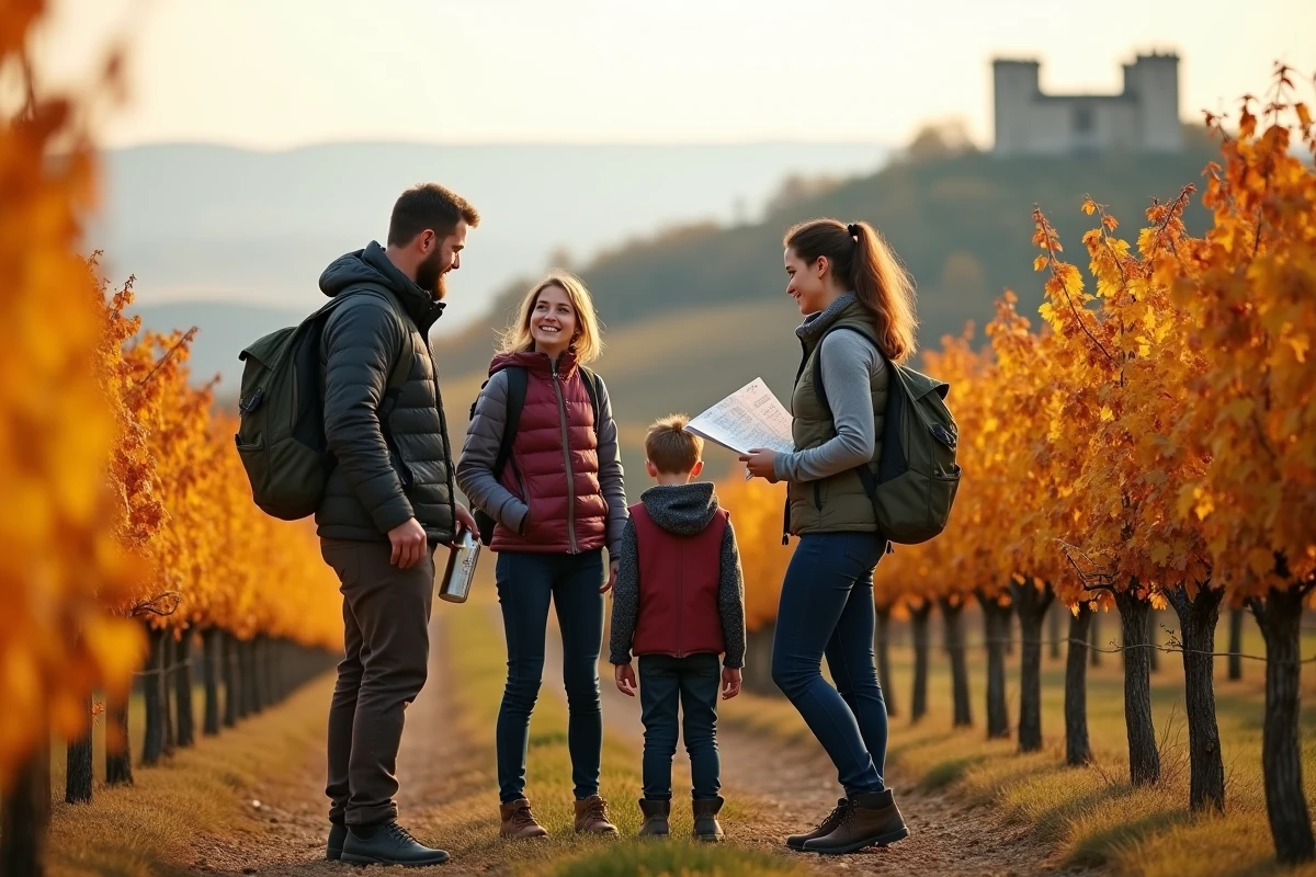 Famille en randonnée sur la Route des Vins d'Alsace en automne, vignes dorées et paysage du Rhin en arrière-plan lors d'une sortie spontanée
