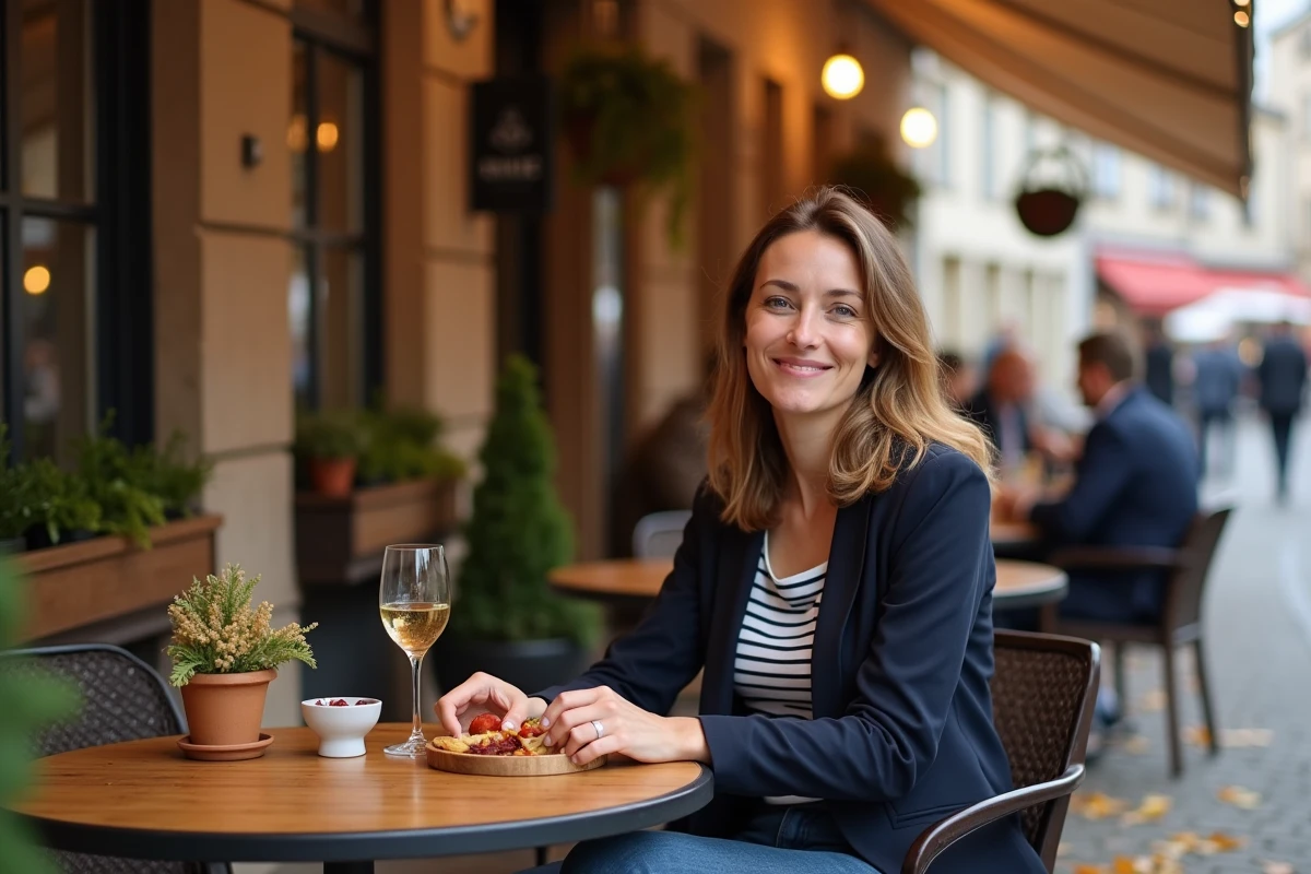 Femme dégustant un verre de Riesling en terrasse d'une winstub à Strasbourg, pause gourmande lors d'une sortie en Alsace de dernière minute