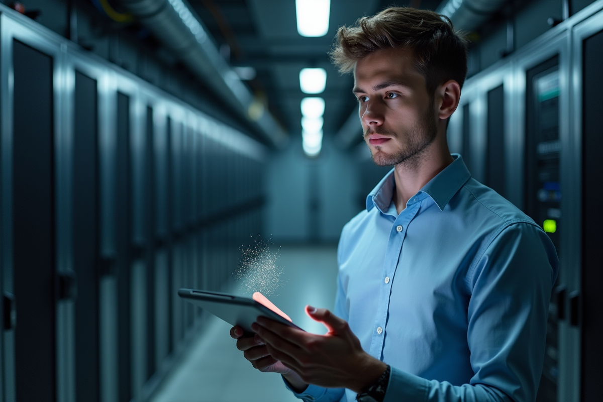 Jeune expert en informatique avec tablette affichant alerte de securite