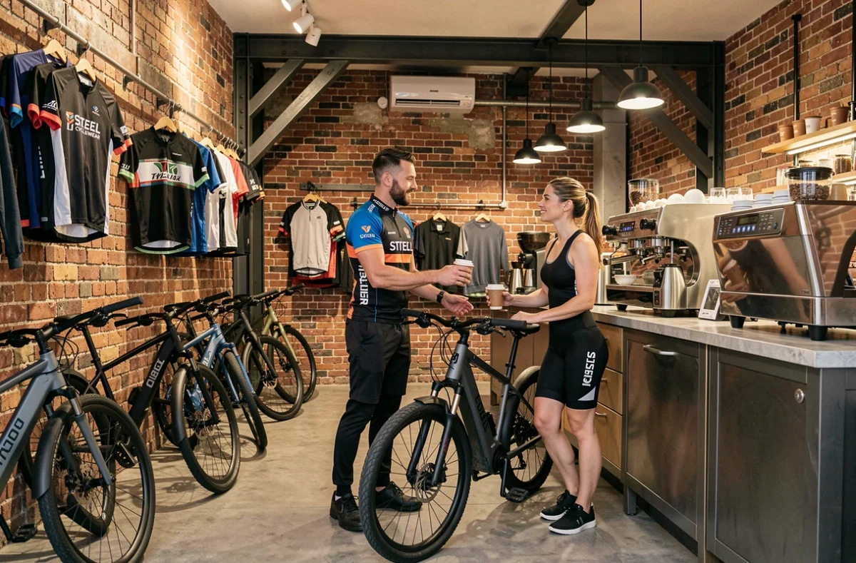 Espace hybride Steel Cyclewear and Coffeeshop à Paris, combinant boutique de vélos électriques et café-comptoir avec un barista en tenue cycliste