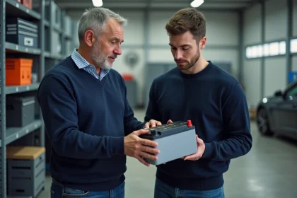 Homme d'âge moyen examinant une batterie hybride avec un technicien dans un garage propre
