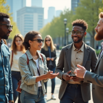 Groupe de personnes dans un parc urbain futuriste avec technologie