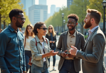 Groupe de personnes dans un parc urbain futuriste avec technologie