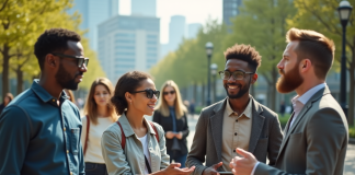 Groupe de personnes dans un parc urbain futuriste avec technologie
