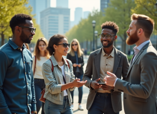 Groupe de personnes dans un parc urbain futuriste avec technologie