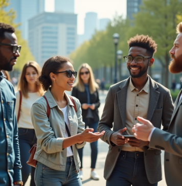 Innovations : conséquences sociales imprévues, étude des impacts Groupe de personnes dans un parc urbain futuriste avec technologie