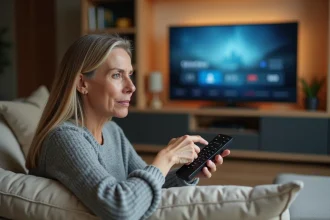 Femme tenant une télécommande Freebox qui ne répond plus, assise dans un salon moderne avec une télévision affichant un menu figé en arrière-plan