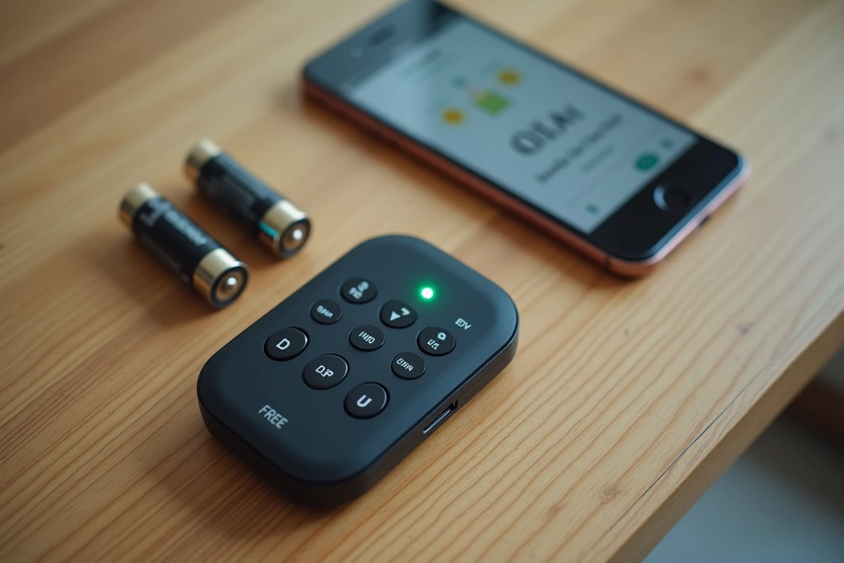 Télécommande Freebox posée sur une table en bois avec le voyant LED allumé, piles retirées et smartphone affichant une page de dépannage réseau