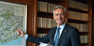 Homme en costume pointant une carte urbaine dans un bureau