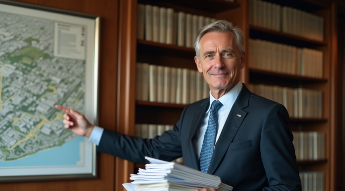 Homme en costume pointant une carte urbaine dans un bureau