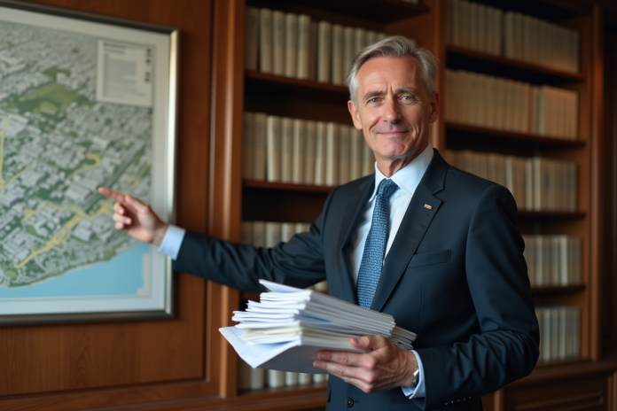 urbaniste-urbanisme-ville Homme en costume pointant une carte urbaine dans un bureau