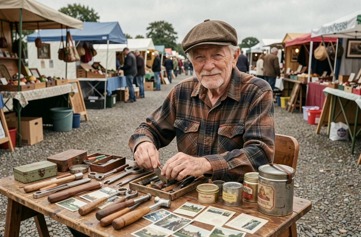 Vendeur âgé derrière son stand lors d'un vide grenier du week-end dans le 49