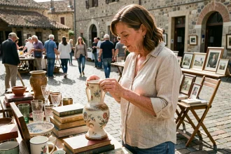 Femme examinant un vase ancien lors d'un vide grenier en plein air dans le Maine-et-Loire
