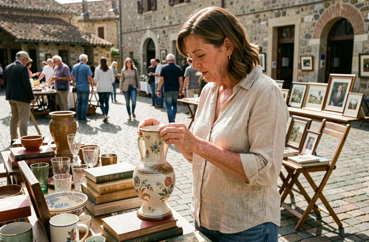 Femme examinant un vase ancien lors d'un vide grenier en plein air dans le Maine-et-Loire