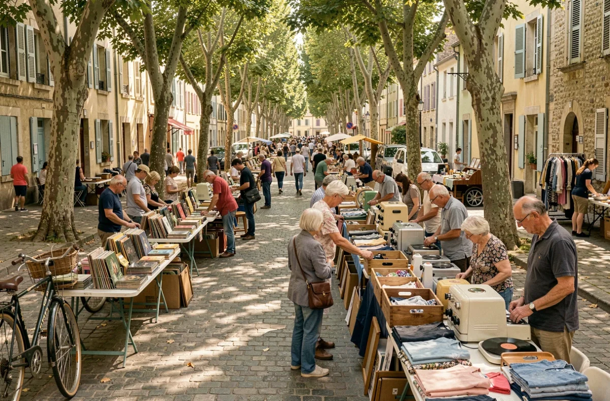 Vue panoramique d'un grand vide grenier en plein air dans une commune du département 49