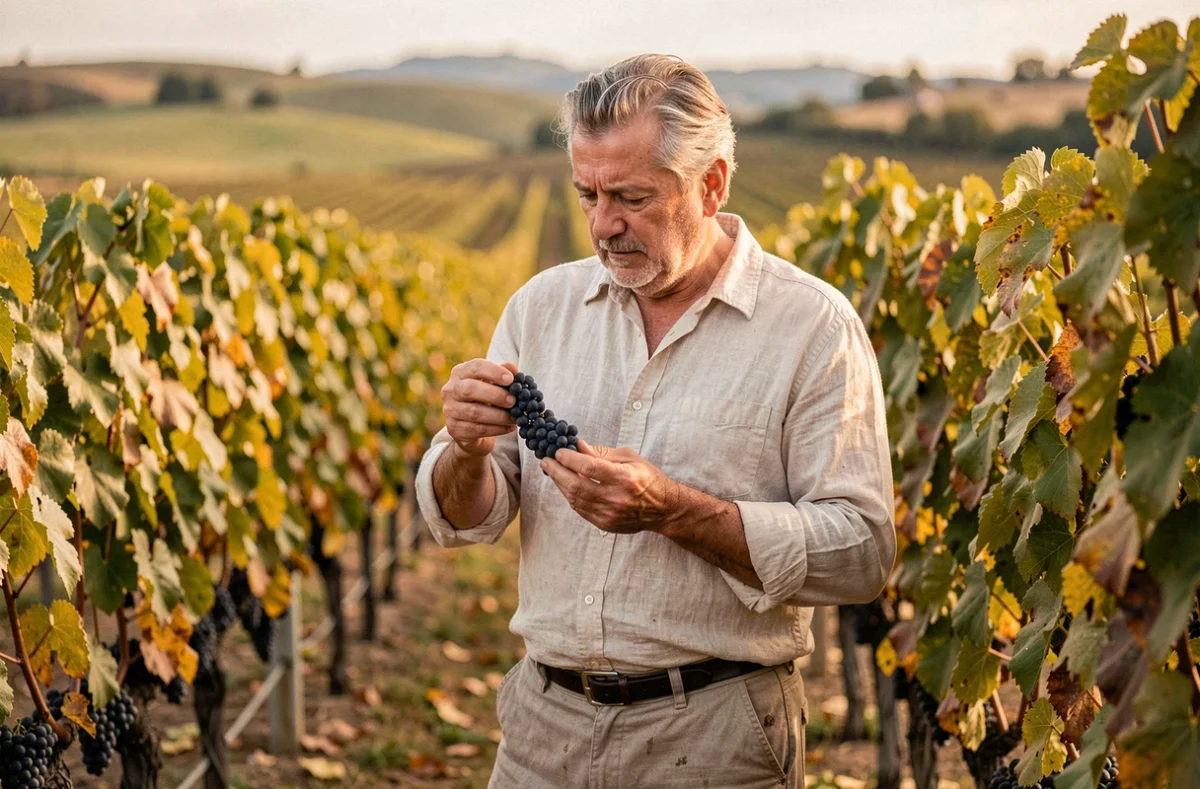 Vigneron gascon dans les vignes d'Armagnac à Monlezun-d'Armagnac lors des vendanges automnales