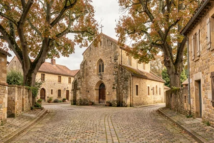 Place du village de Monlezun-d'Armagnac avec église en pierre calcaire et architecture gasconne traditionnelle en automne
