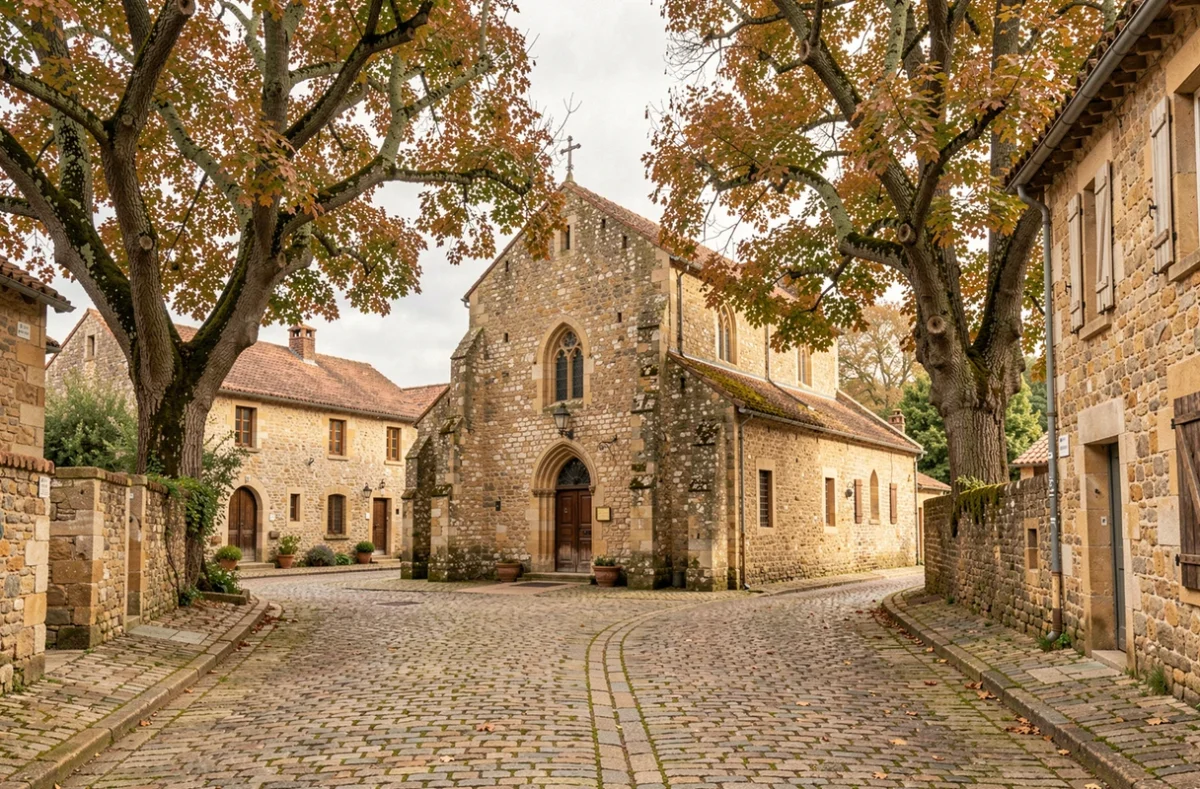 Place du village de Monlezun-d'Armagnac avec église en pierre calcaire et architecture gasconne traditionnelle en automne